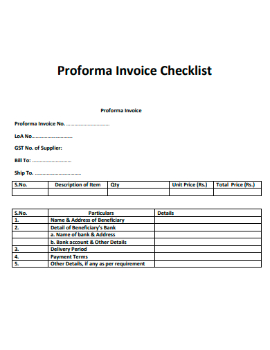 proforma invoice checklist template