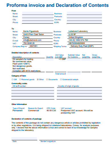 proforma invoice and declaration of contents template