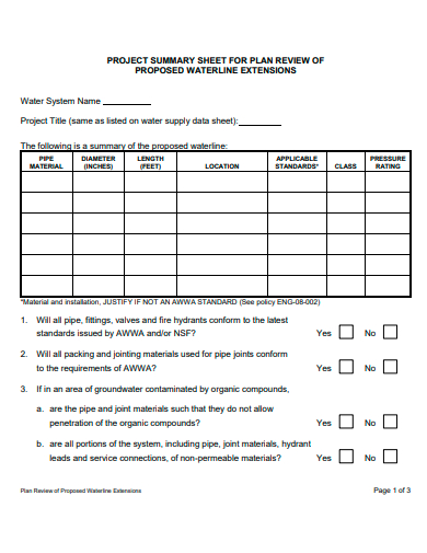 project summary sheet for plan review template