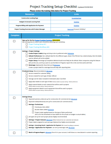 project tracking setup checklist template