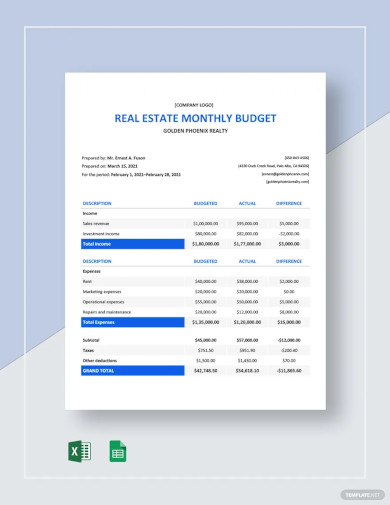 real estate monthly budget template