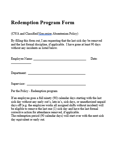 redemption program form template