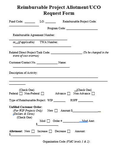 reimbursable project allotment request form template