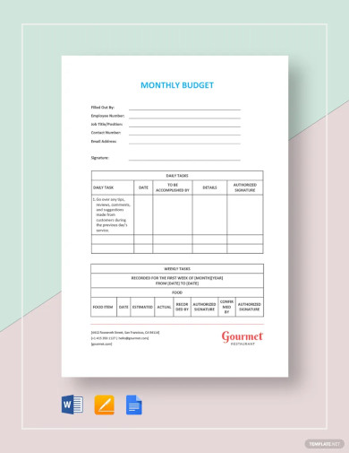 restaurant monthly budget template