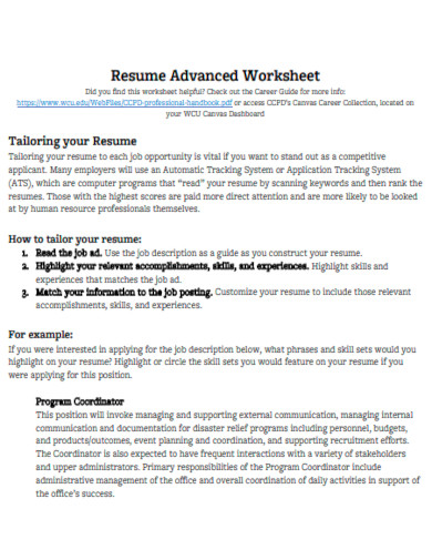 resume advanced worksheet template