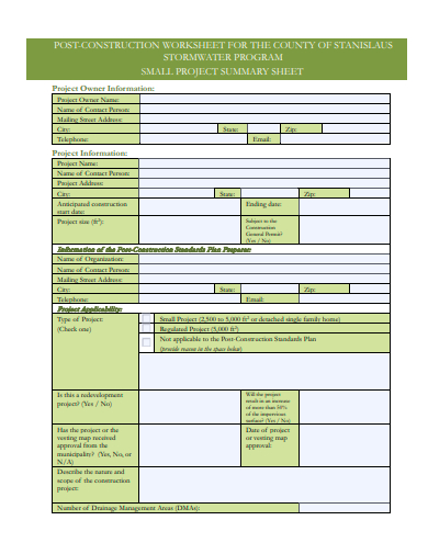 small project summary sheet template