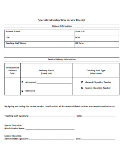 specialized instruction service receipt template