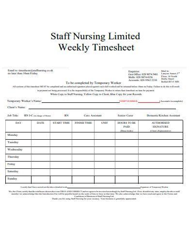 staff nursing limited weekly timesheet template