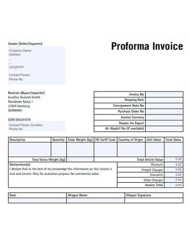 standard proforma invoice template