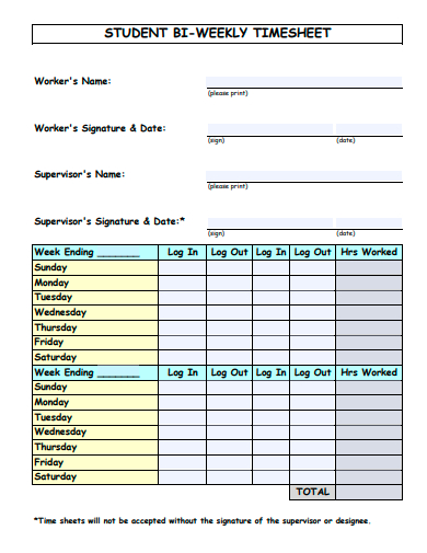 student bi weekly timesheet template