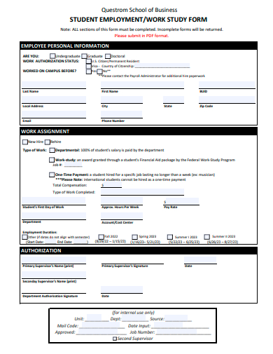 student employment work study form template