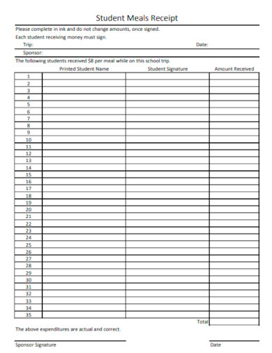 student meals receipt template