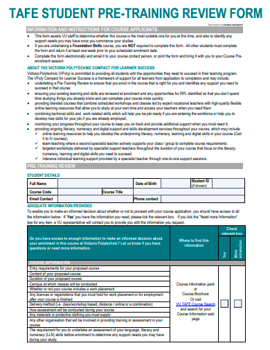 student pre training review form template