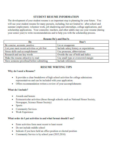 student resume information template