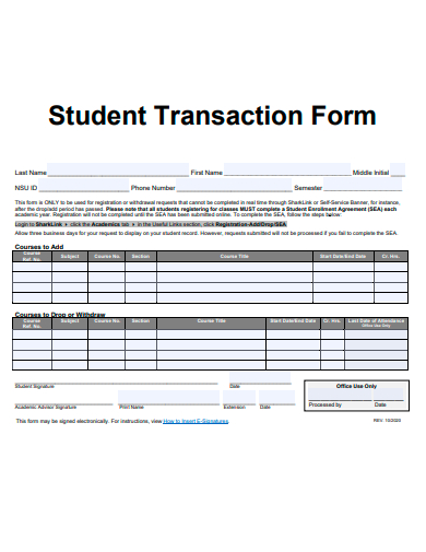 student transaction form template