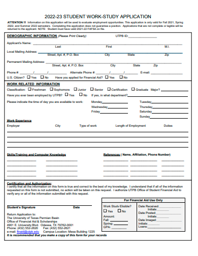 student work study application form template