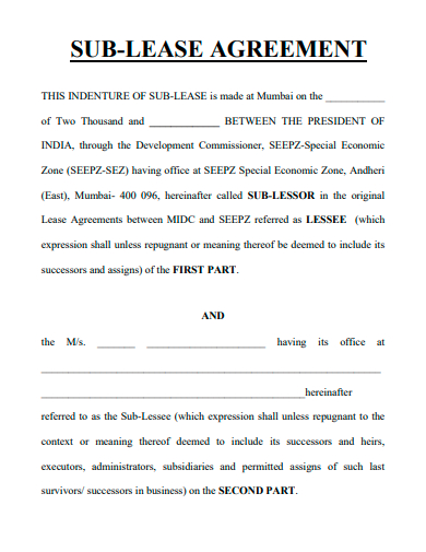 sub lease agreement template