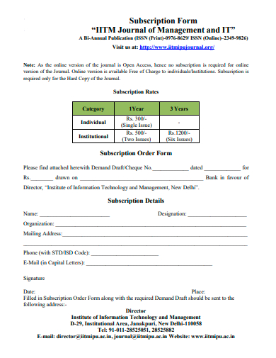 subscription form for journal of management template