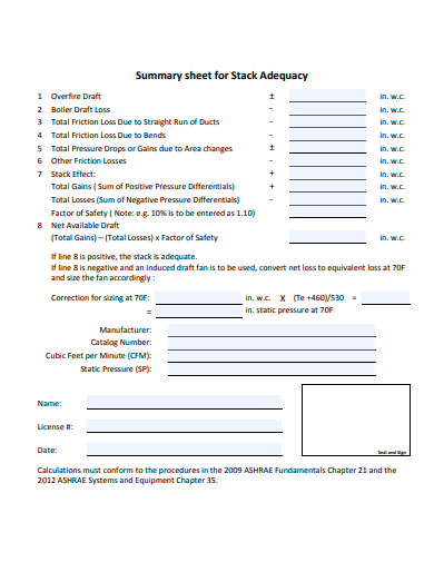 summary sheet for stack adequacy template