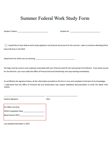 summer federal work study form template
