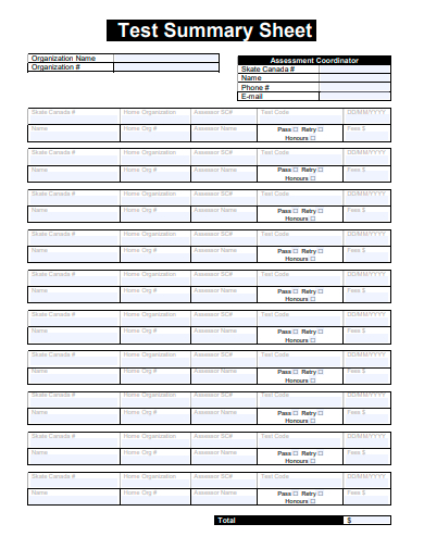 test summary sheet template