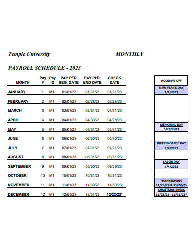 university payroll monthly schedule template