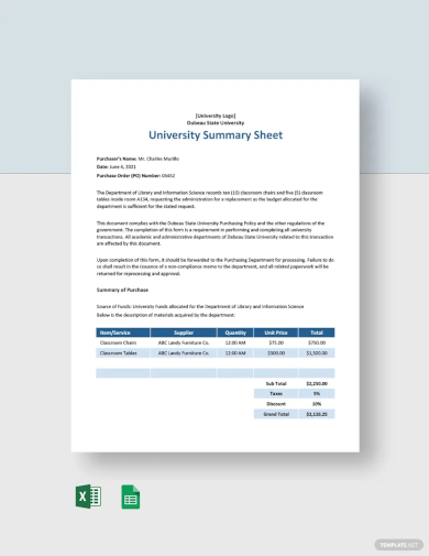 university summary sheet template