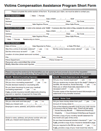 victims compensation assistance program short form template
