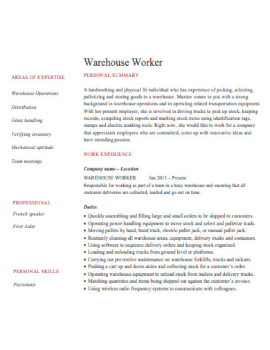 warehouse worker resume template