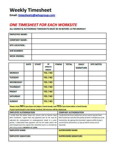 weekly one timesheet template