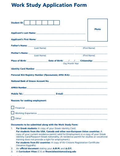 work study application form template