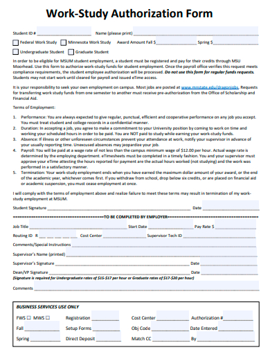 work study authorization form template