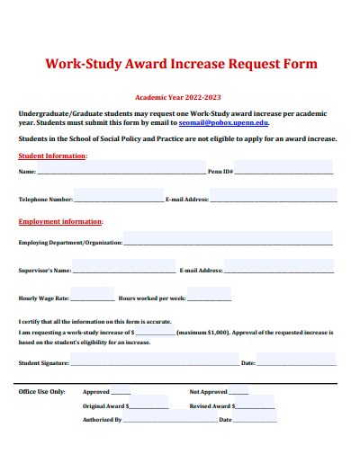 work study award increase request form template