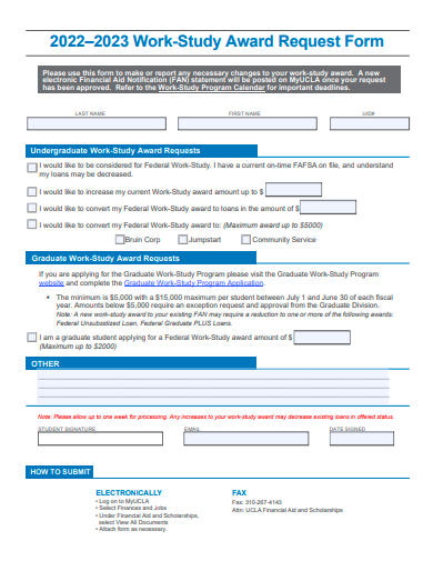 work study award request form template