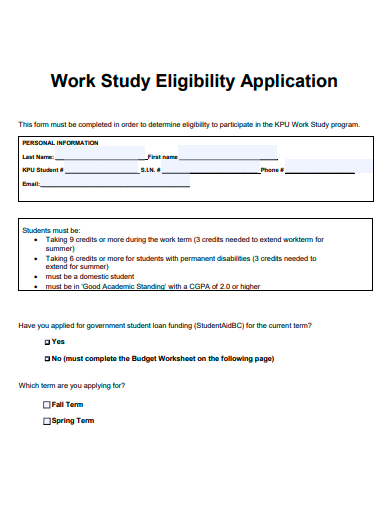 work study eligibility application form template