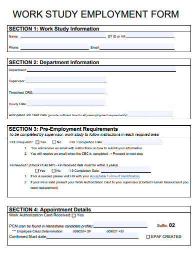 work study employment form template
