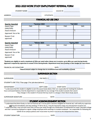 work study employment referral form template