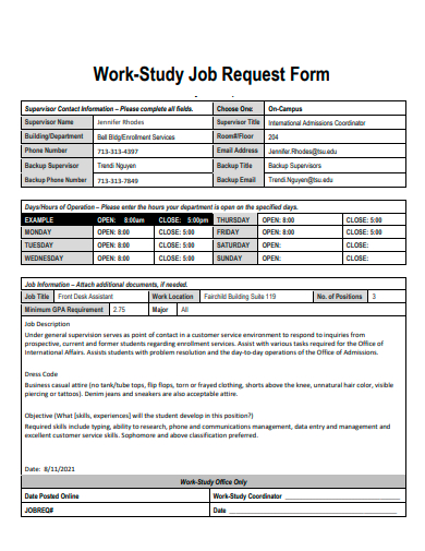 work study job request form template