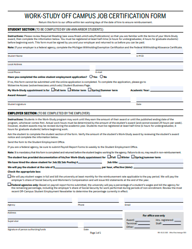 work study off campus job certification form template