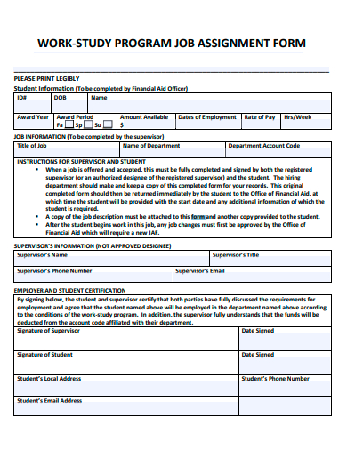 work study program job assignment form template