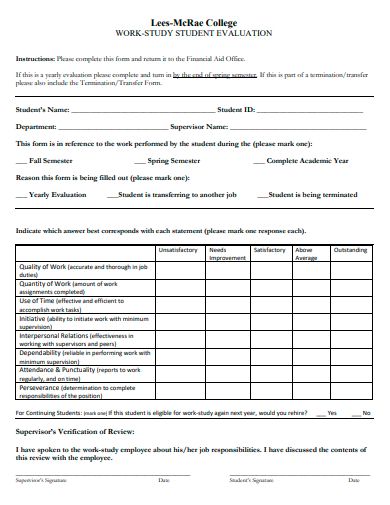 work study student evaluation form template
