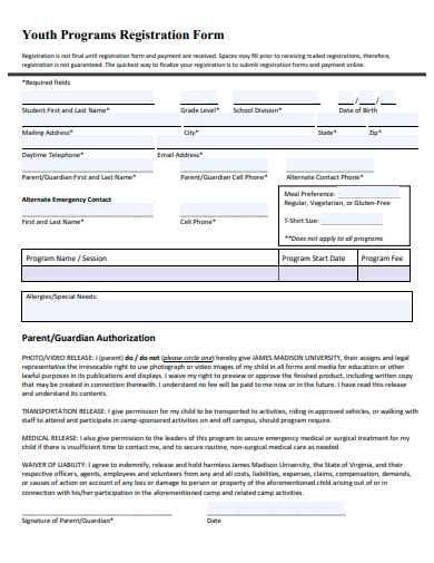 youth programs registration form template