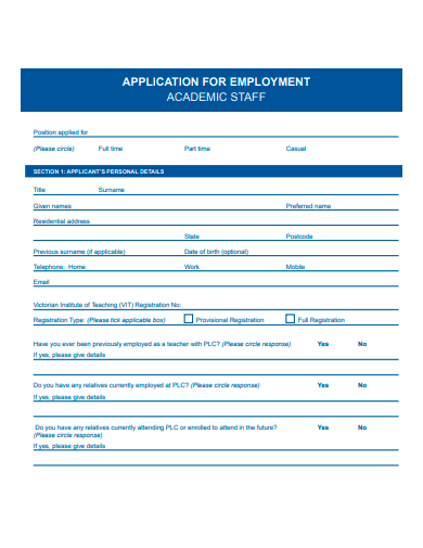 academic staff application for employment template