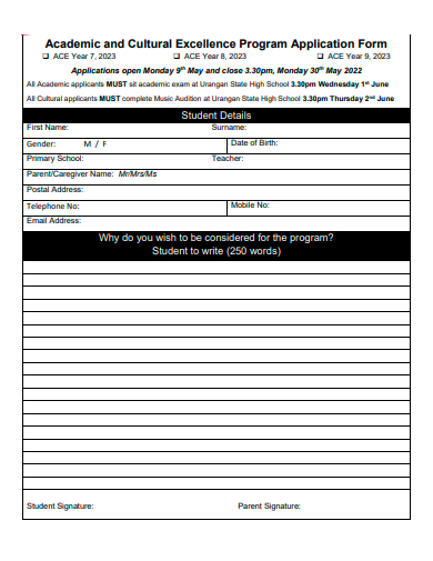 academic and cultural excellence program application form template