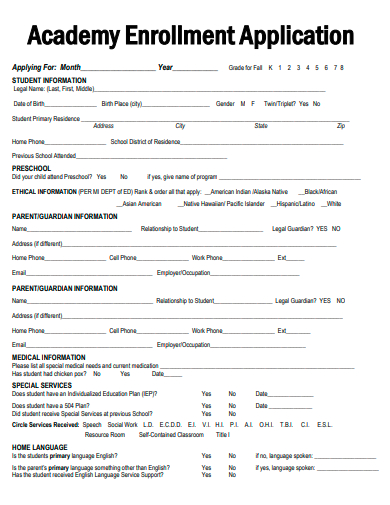 academy enrollment application template