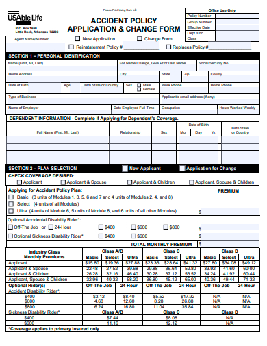 accident policy application and change form template