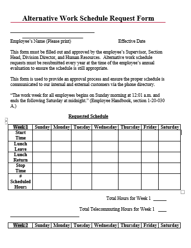alternative work schedule request form template