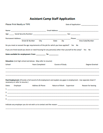 assistant camp staff application template