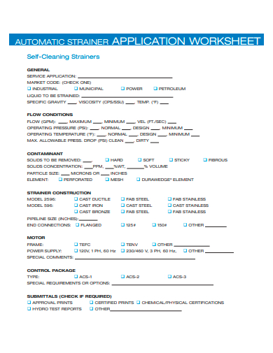 automatic strainer application worksheet template