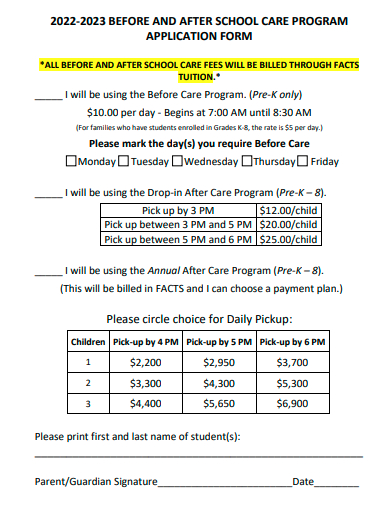 before and after school care program application form template